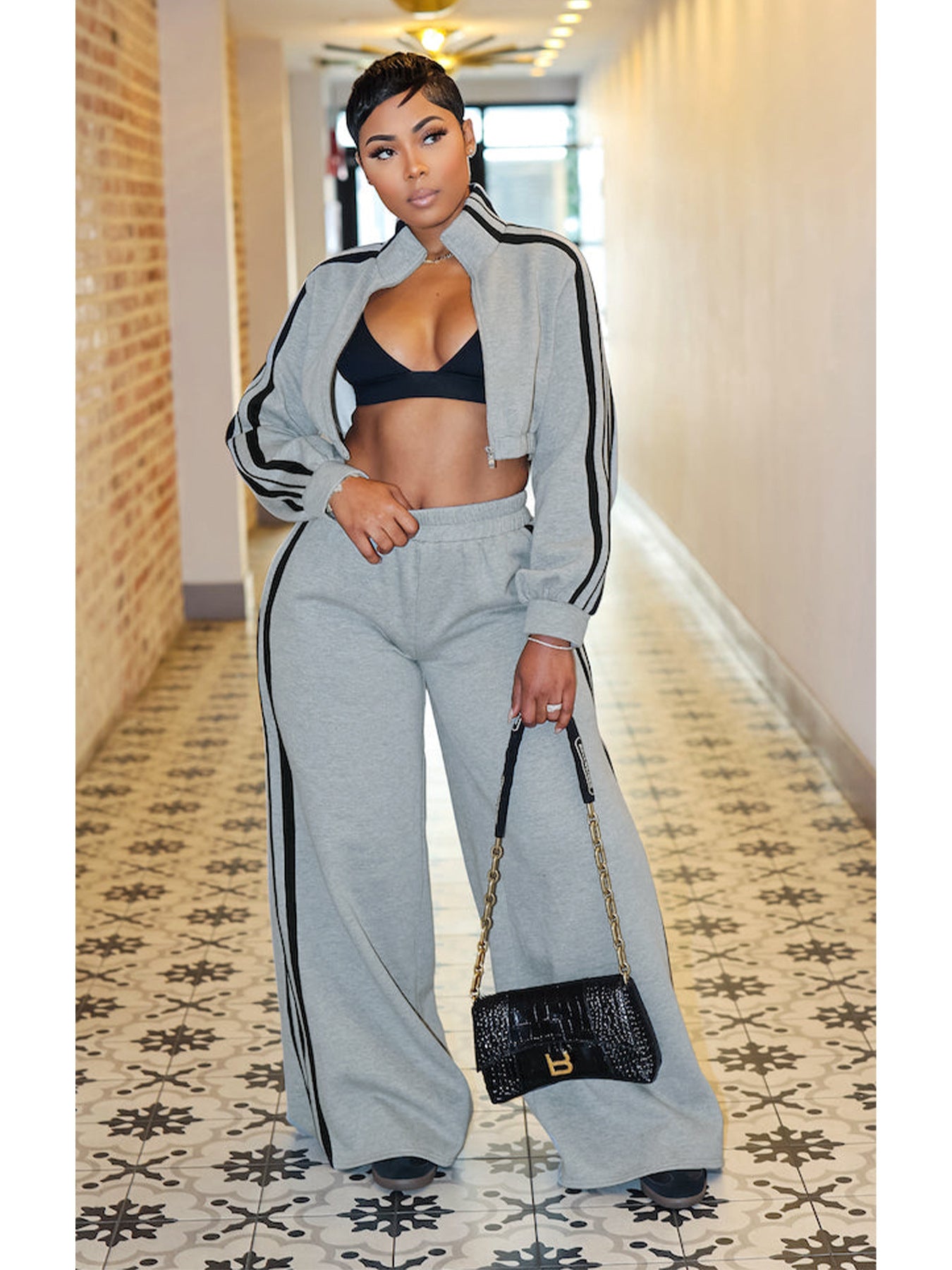 Striped Zipper Thickening Sweater Leisure Commute Suit